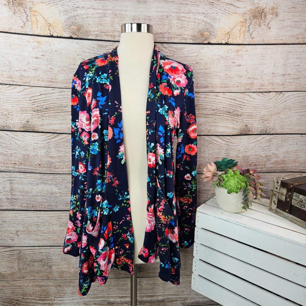 Kiyonna Floral‎ Print Open Front Cardigan with Pockets Lightweight Size 0